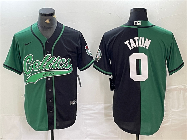 Men's Boston Celtics #0 Jayson Tatum Green/Black Split Stitched Baseball Jersey